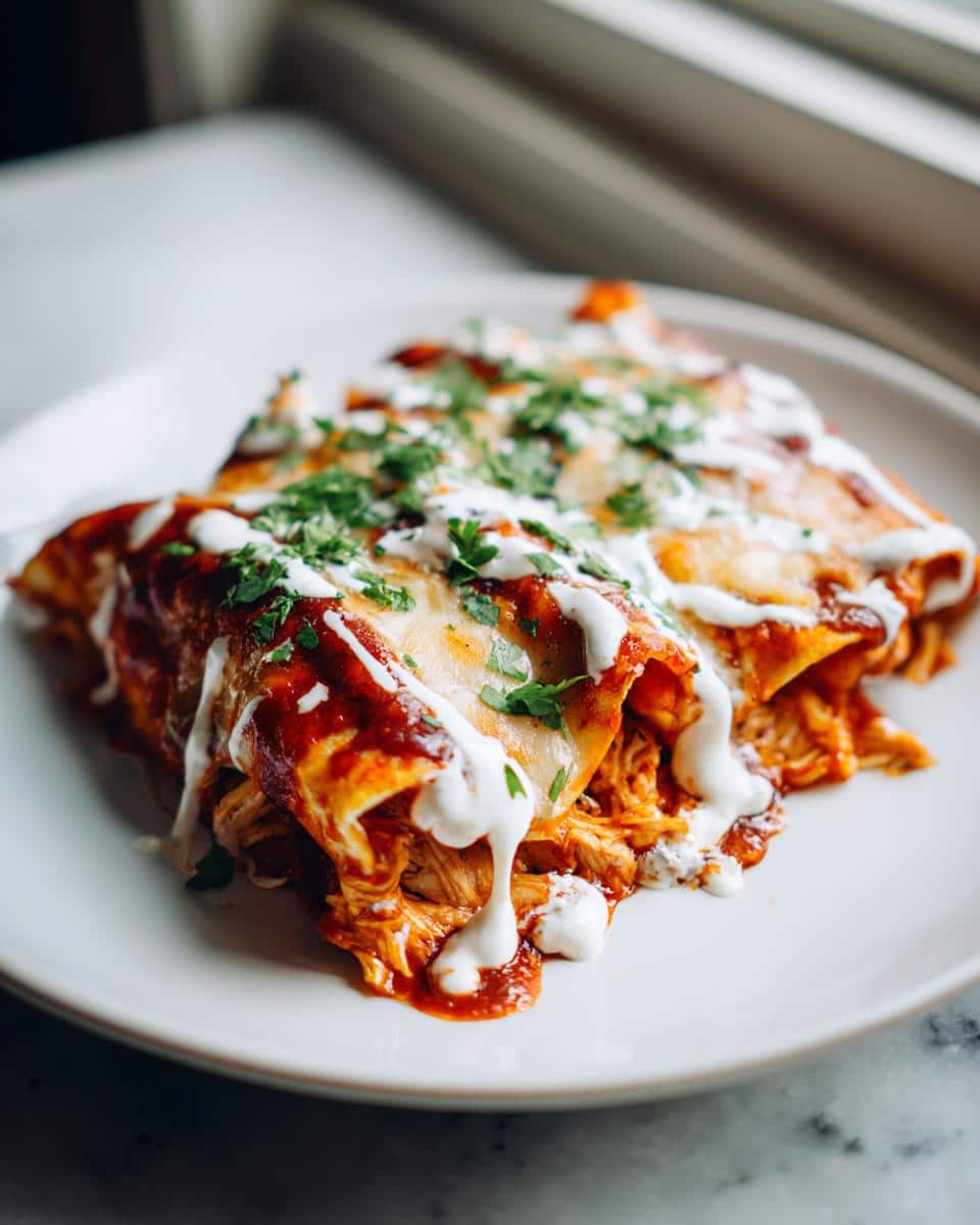 Plate of three Chicken Enchiladas with Chipotle Crema, topped with melted cheese and fresh cilantro.