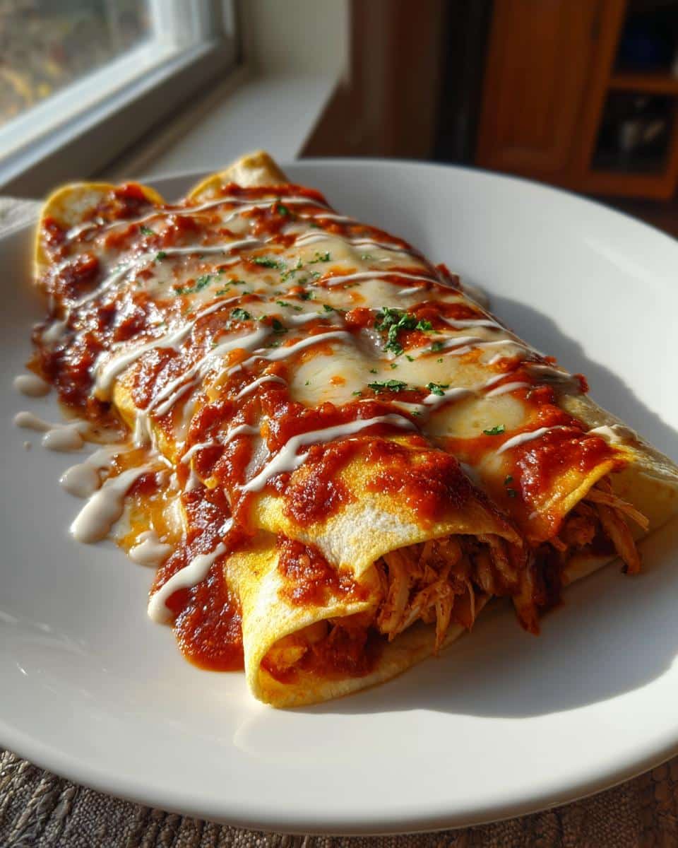Close-up of delicious Chicken Enchiladas with Chipotle Crema, topped with melted cheese and parsley.