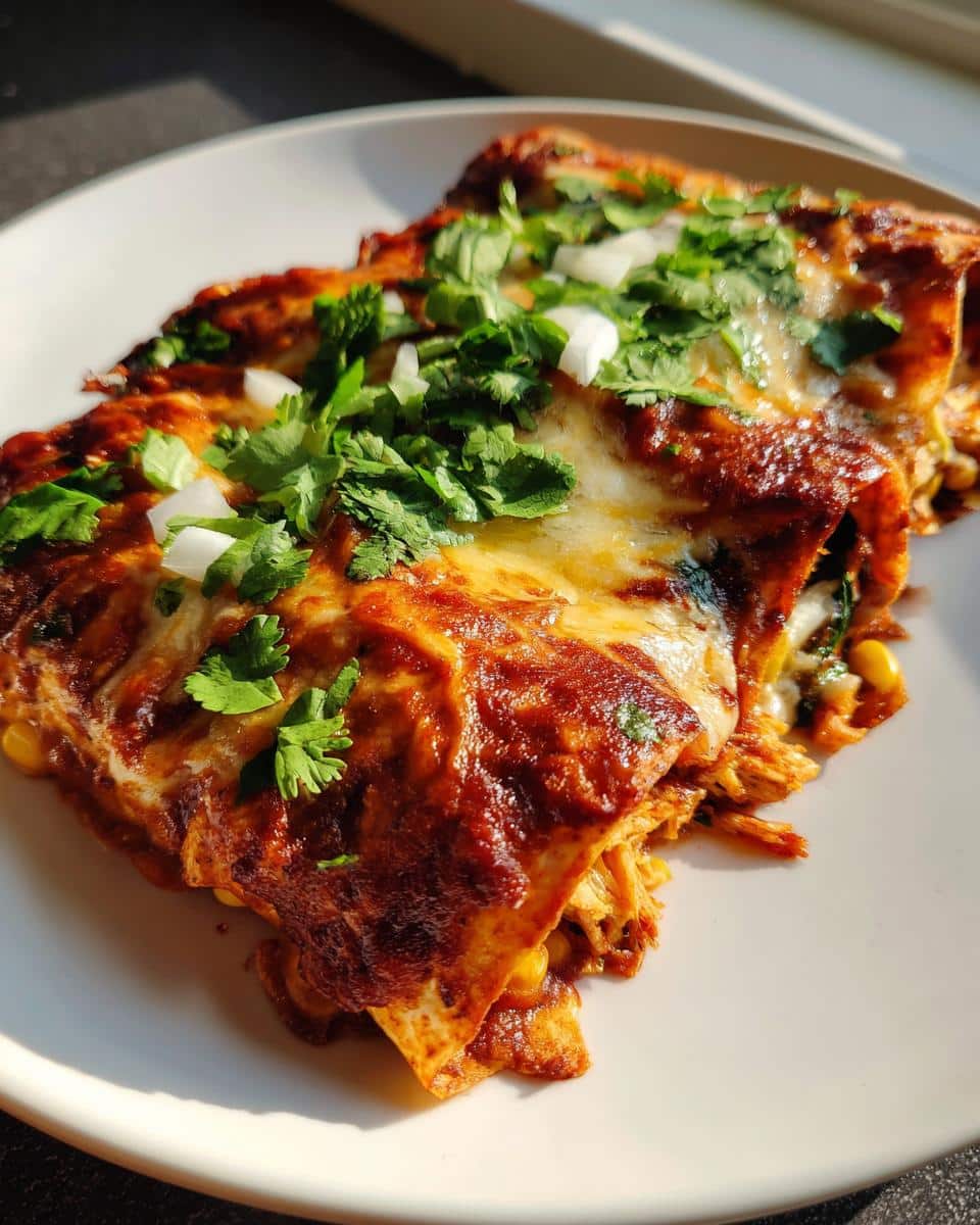 Close-up of delicious Chicken Enchiladas with Corn and Black Beans, topped with melted cheese and fresh cilantro.
