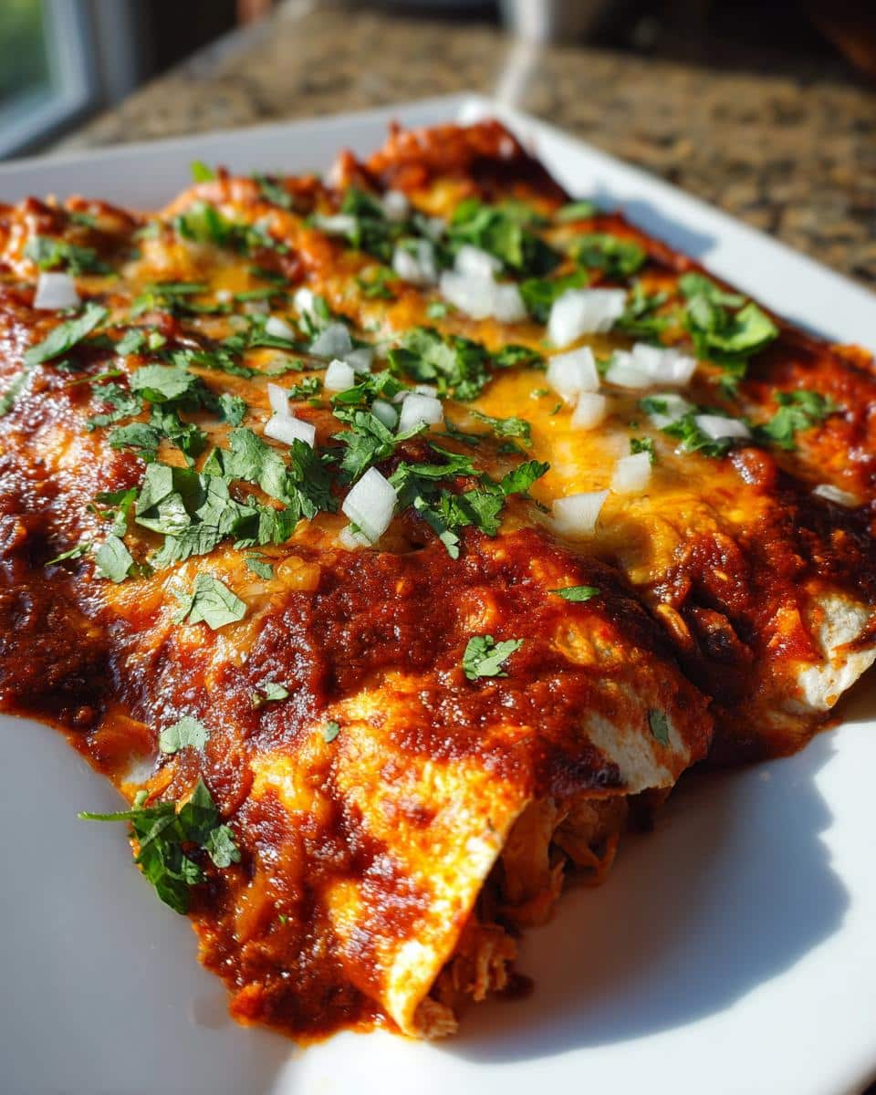 Close-up of cheesy Chicken Enchiladas with Corn and Black Beans, topped with cilantro and onions.