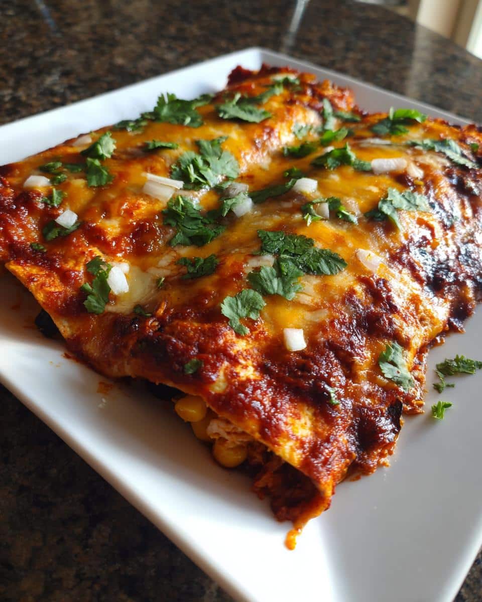 A close-up of baked Chicken Enchiladas with Corn and Black Beans, topped with melted cheese and cilantro.
