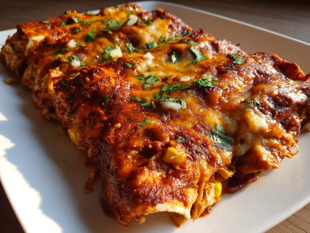 Close-up of baked Chicken Enchiladas with Corn and Black Beans, topped with melted cheese and cilantro.