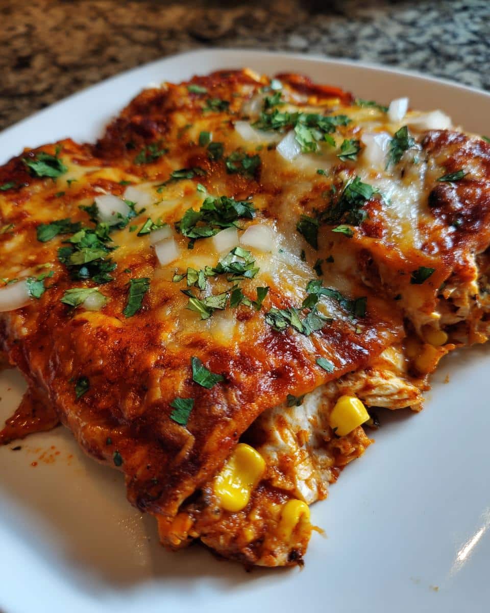 A close-up of a serving of Chicken Enchiladas with Corn and Black Beans, topped with melted cheese and cilantro.
