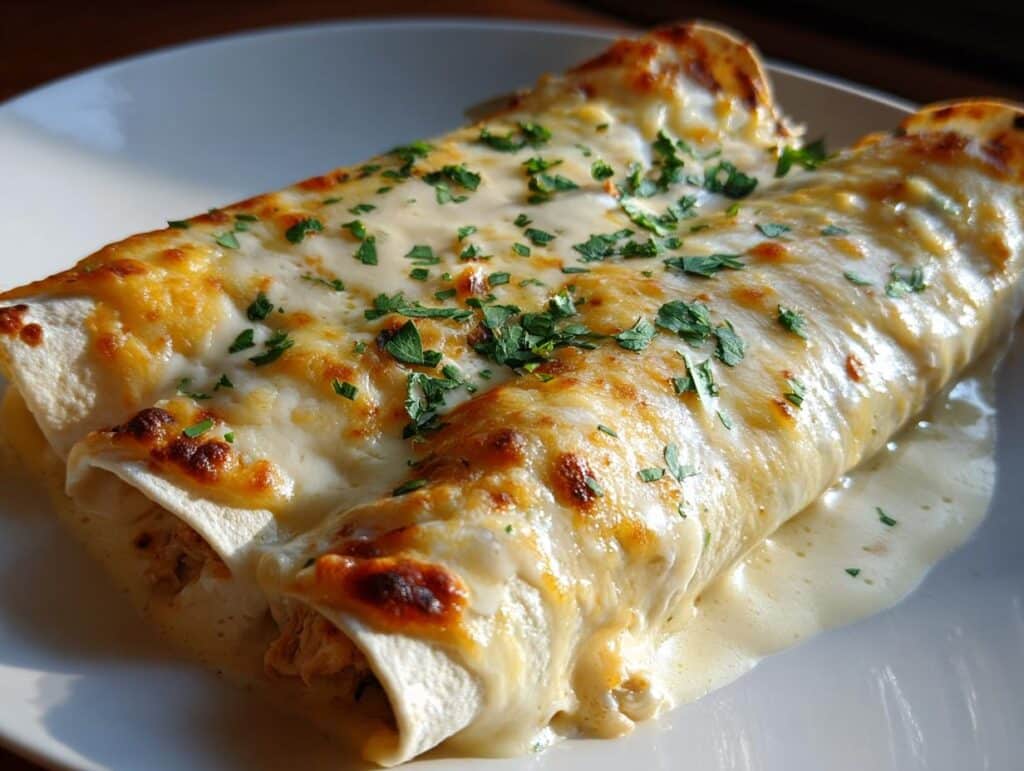 Two delicious chicken enchiladas covered in melted queso blanco and sprinkled with fresh parsley.