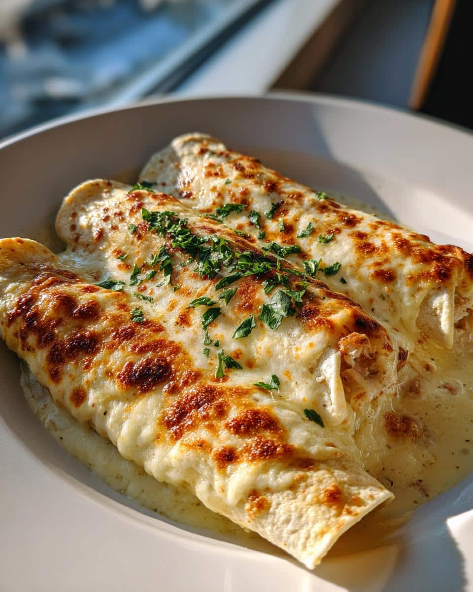 Three delicious Chicken Enchiladas with Queso Blanco, topped with melted cheese and fresh parsley.