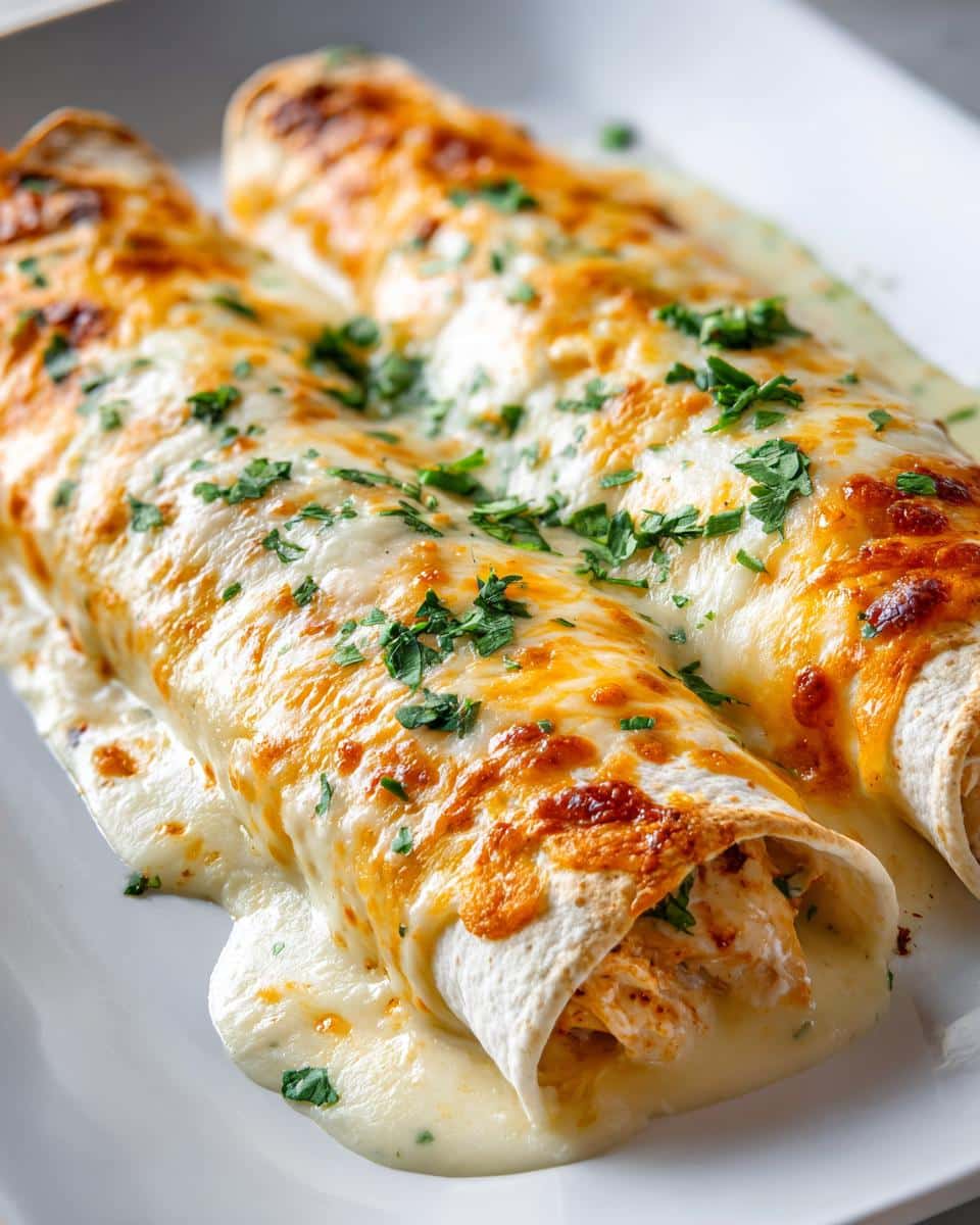 Two delicious chicken enchiladas covered in melted queso blanco and garnished with fresh parsley.