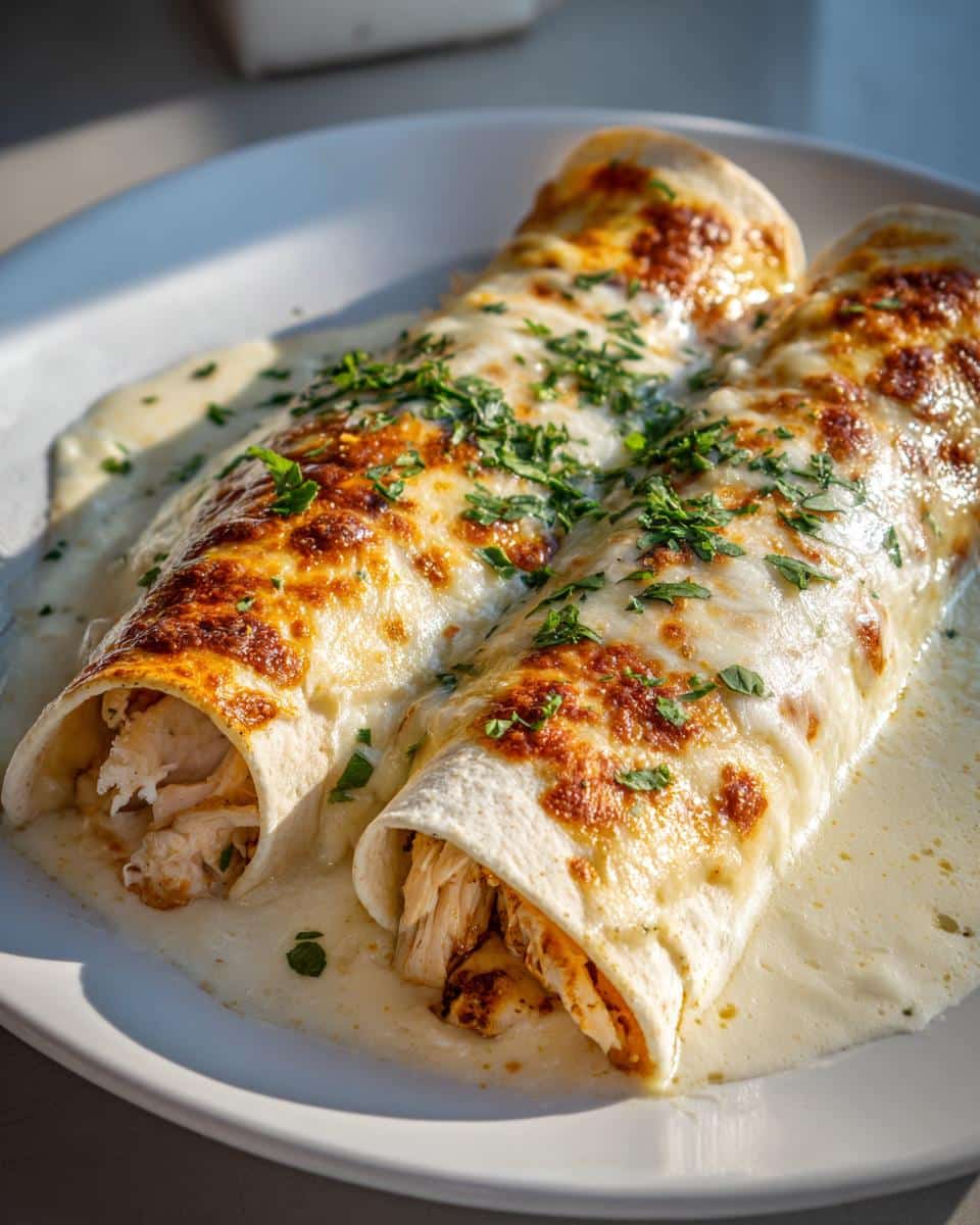 Two delicious Chicken Enchiladas with Queso Blanco, topped with melted cheese and fresh parsley.