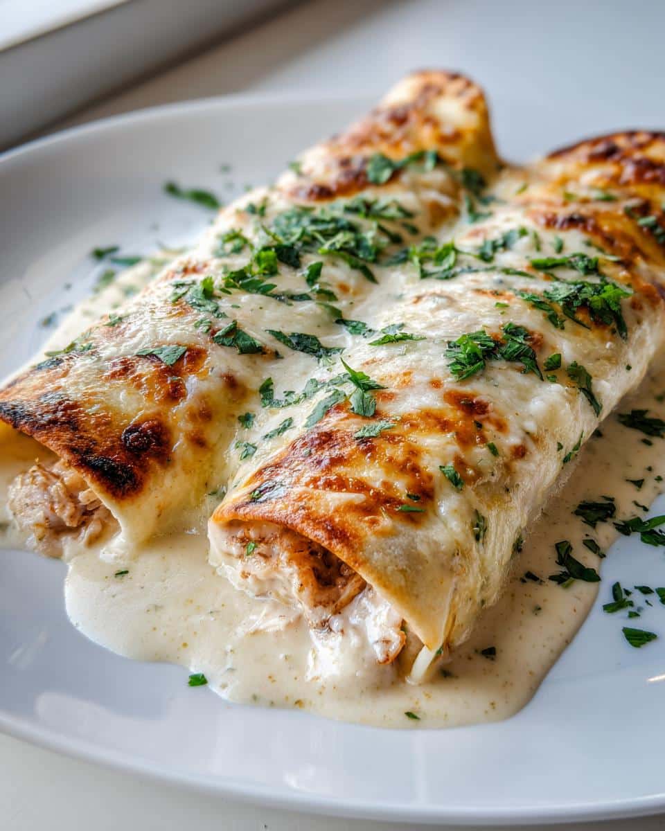Two delicious chicken enchiladas smothered in creamy queso blanco sauce and topped with fresh parsley.