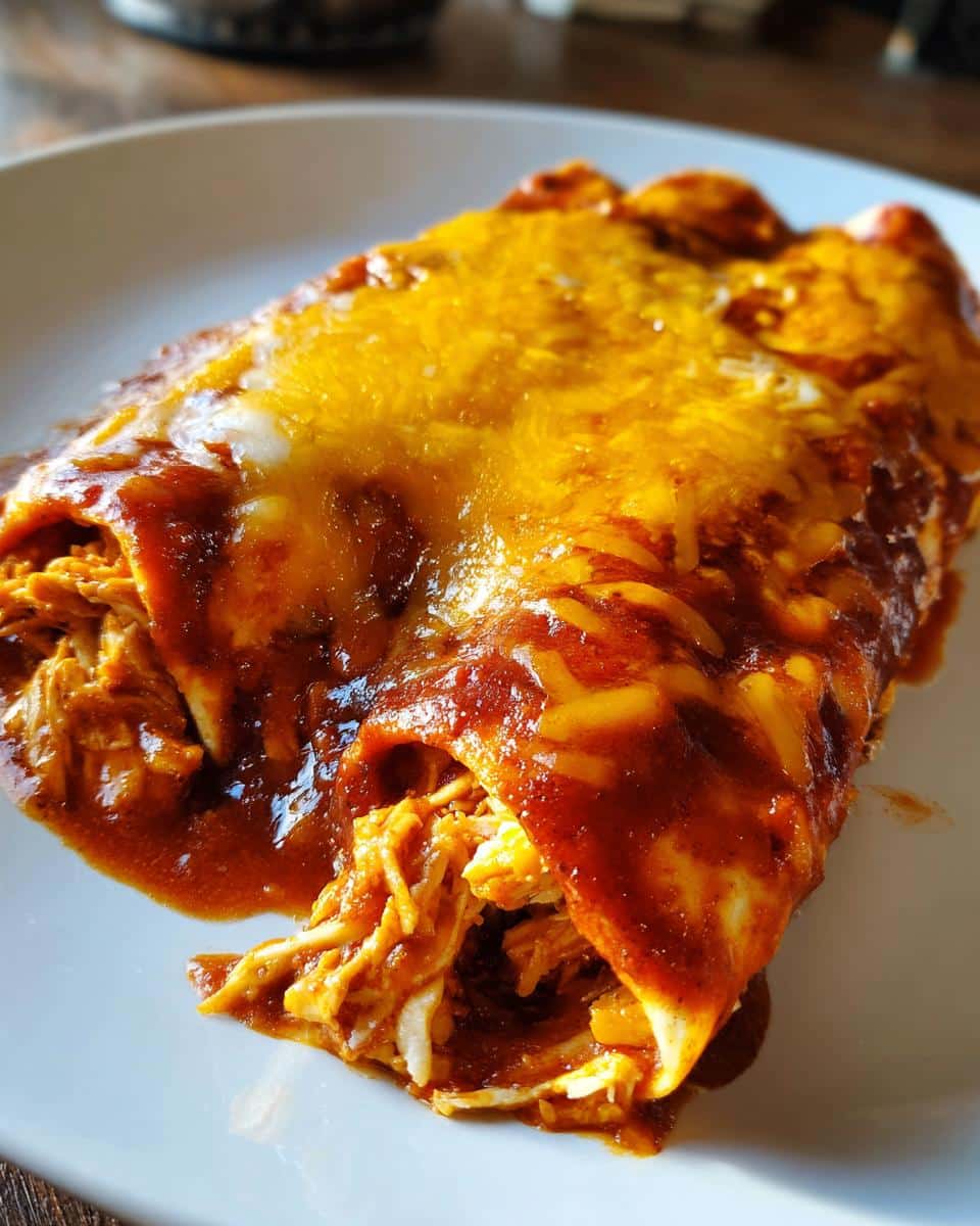 A close-up of cheesy Chicken Enchiladas with Red Chile Sauce, showing shredded chicken filling.