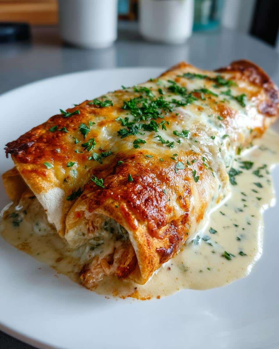 A close-up of cheesy Chicken Enchiladas with Roasted Poblanos, topped with fresh parsley and creamy sauce.