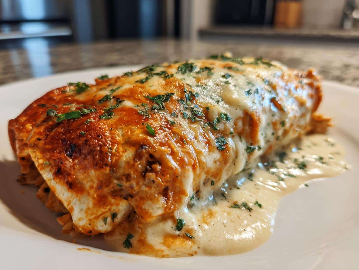 A close-up of a delicious Chicken Enchilada with Roasted Poblanos, topped with melted cheese and fresh parsley.
