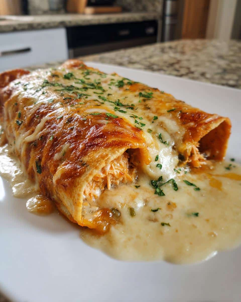 Close-up of cheesy Chicken Enchiladas with Roasted Poblanos, topped with melted cheese and parsley.