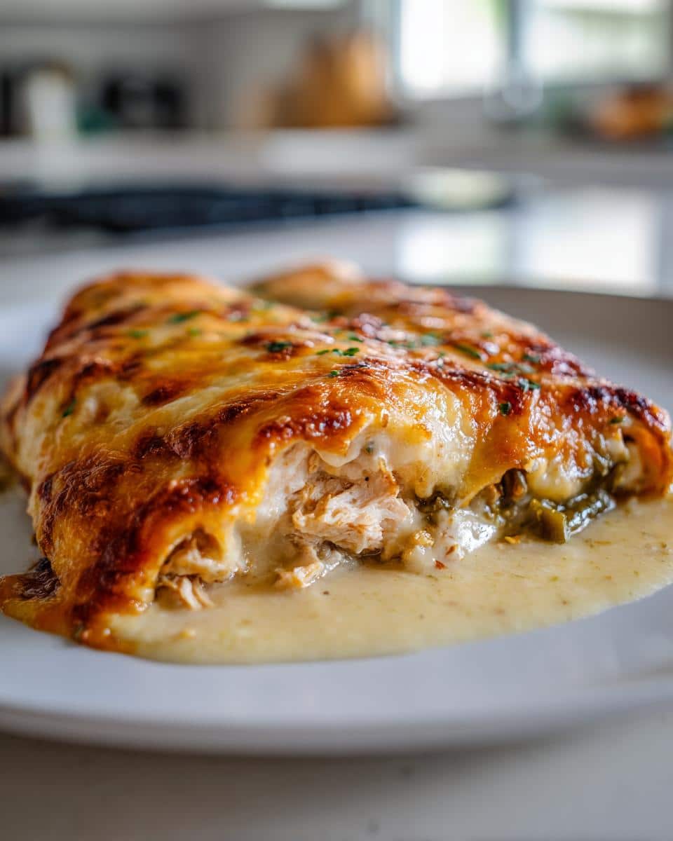 A close-up of a serving of Chicken Enchiladas with Roasted Poblanos, covered in melted cheese and sauce.