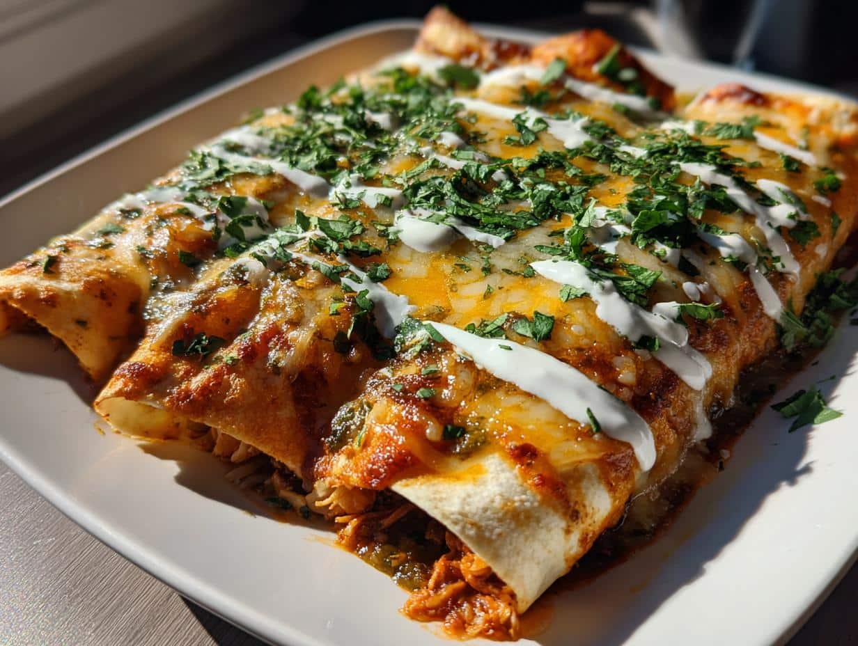 Close-up of Chicken Enchiladas Verde with Cilantro, topped with melted cheese, sour cream drizzle, and fresh cilantro.
