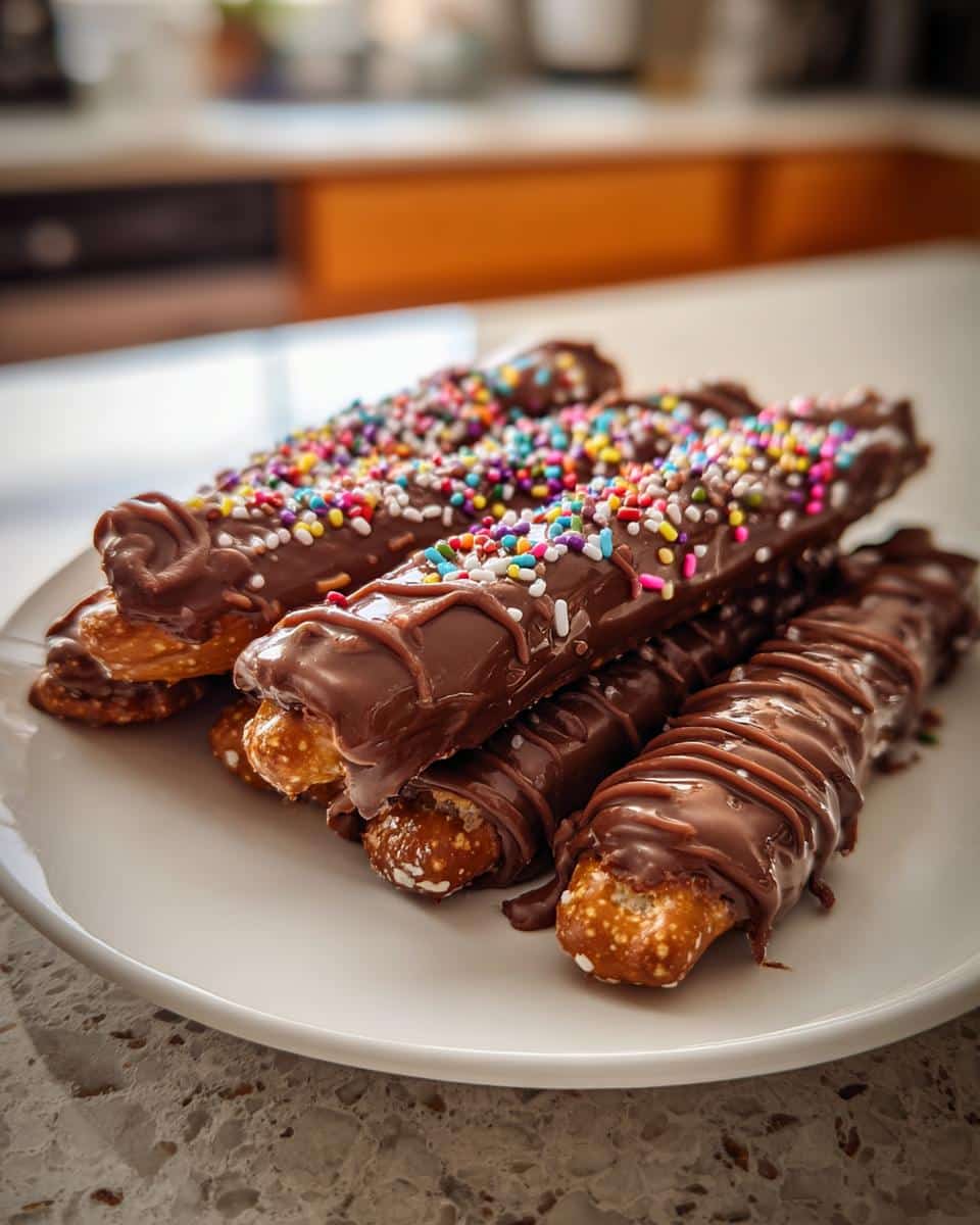 A close-up of several chocolate covered pretzel rods, some with colorful sprinkles and others with drizzled chocolate.