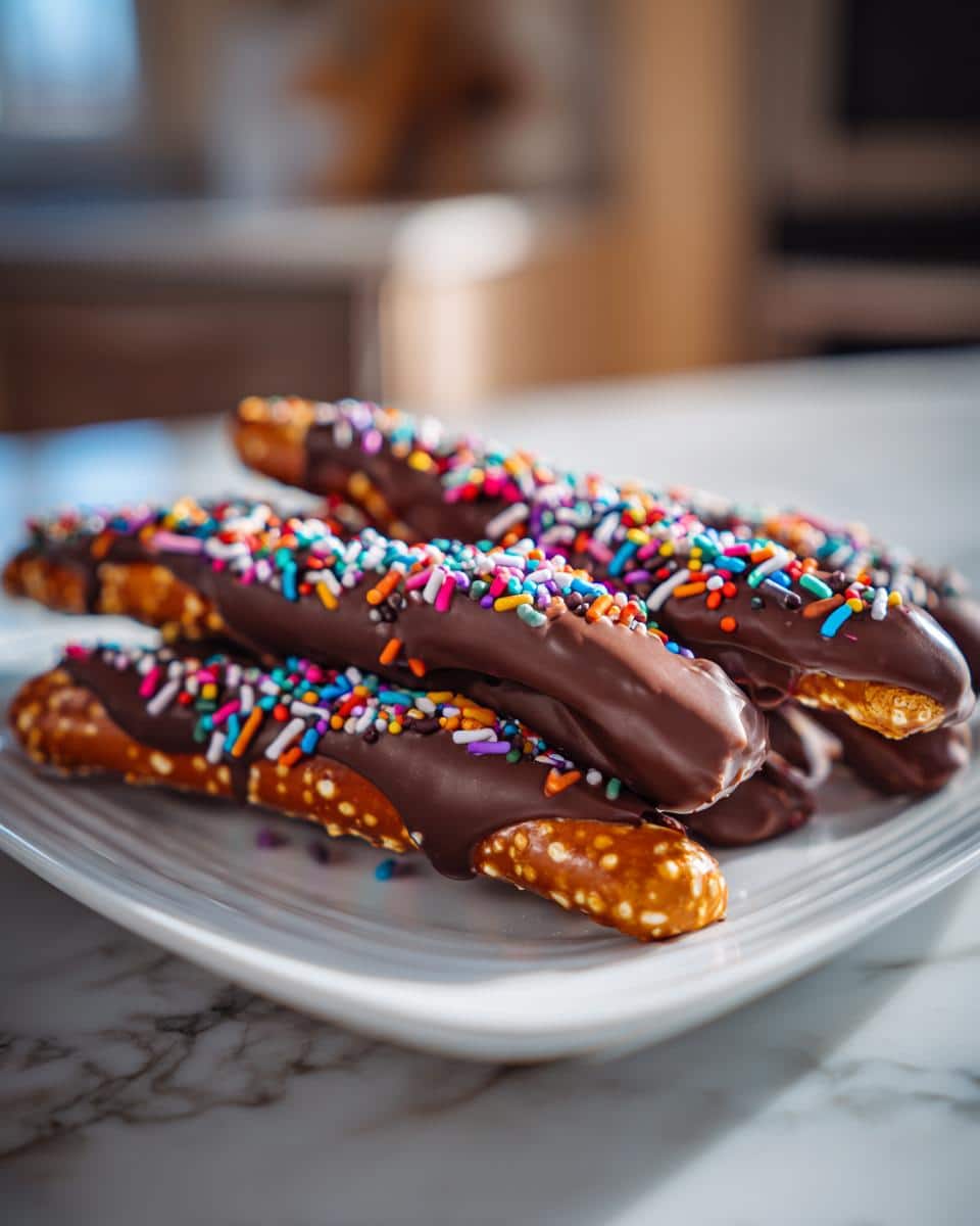 A stack of delicious chocolate covered pretzel rods generously topped with colorful sprinkles on a white plate.