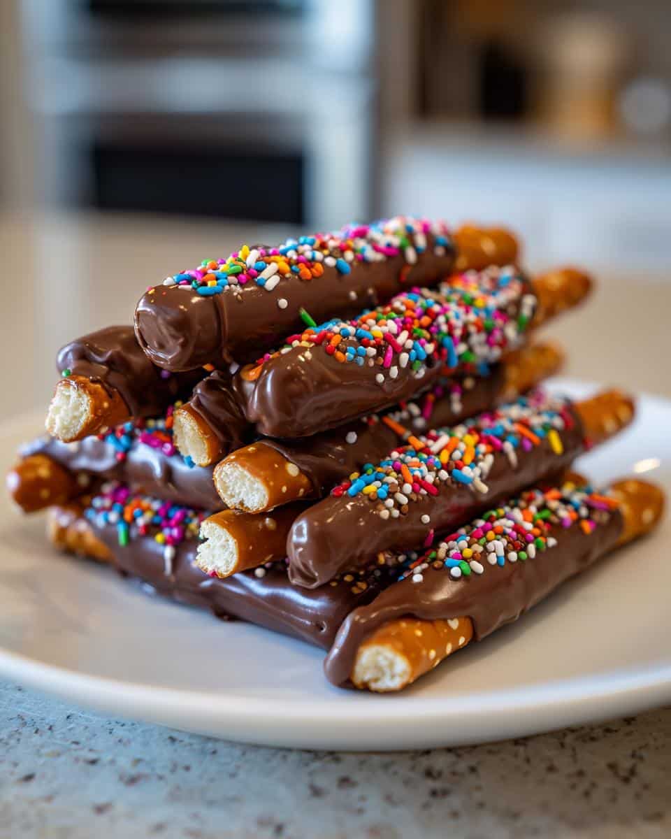 A stack of easy chocolate covered pretzel rods, generously coated in milk chocolate and colorful sprinkles.