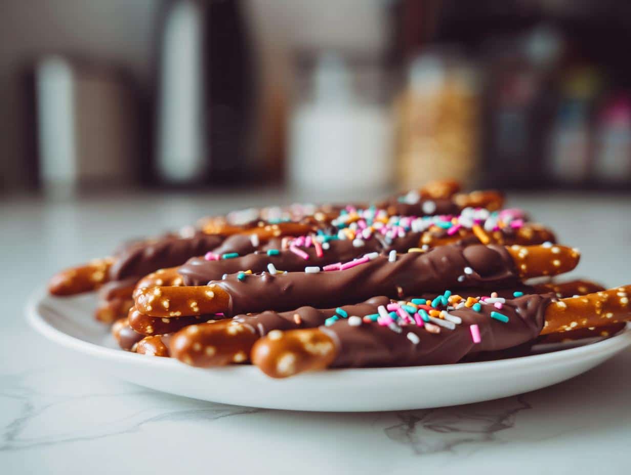 A pile of delicious chocolate covered pretzel rods adorned with colorful sprinkles on a white plate.