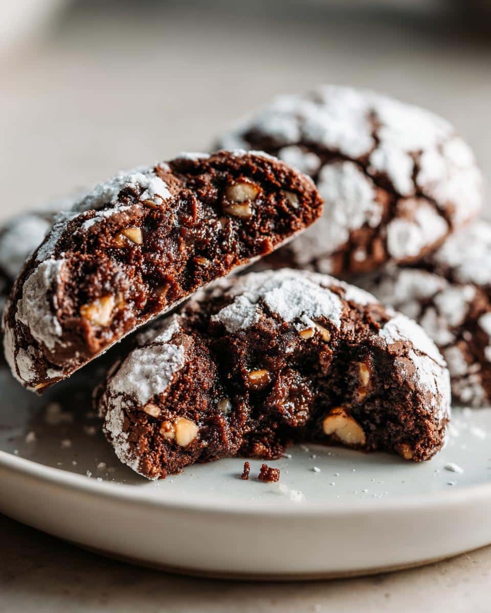 A close-up of Chocolate Crinkle Cookies with Almond, one cookie split open revealing a rich chocolate interior and chopped almonds.