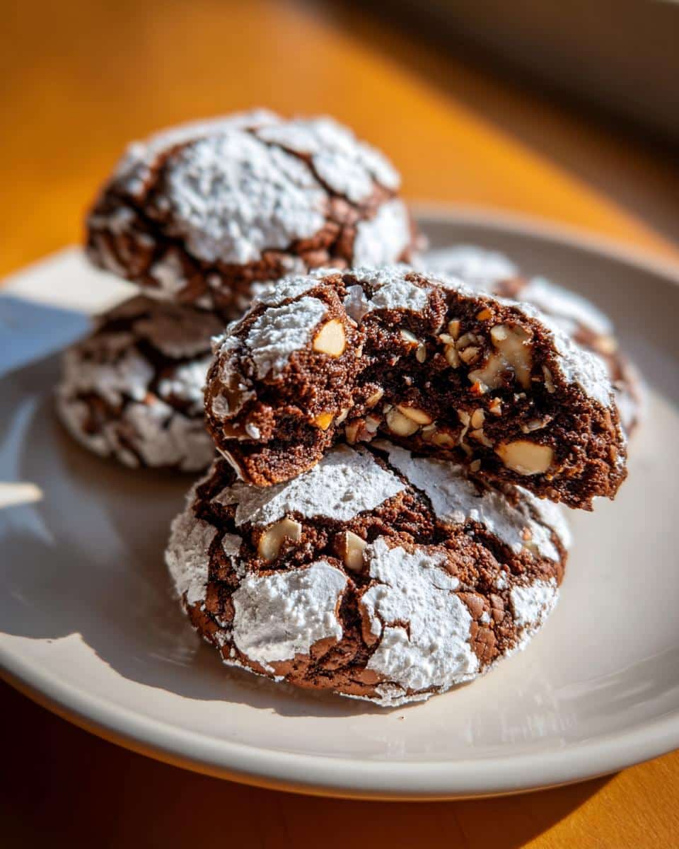 Close-up of Chocolate Crinkle Cookies with Almond, one cookie broken in half revealing chopped almonds inside.