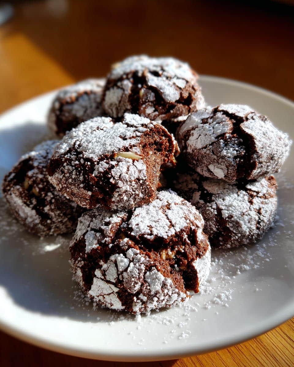 A pile of freshly baked Chocolate Crinkle Cookies with Almond, dusted generously with powdered sugar.