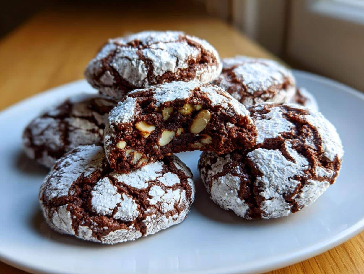 A pile of Chocolate Crinkle Cookies with Almond, dusted with powdered sugar, with one cookie broken open to show the almond pieces inside.