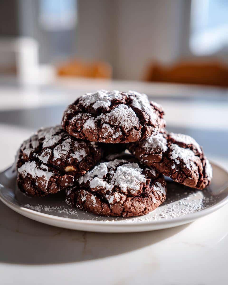 Irresistible Chocolate Crinkle Cookies with Hazelnut Recipe 2 A stack of five rich Chocolate Crinkle Cookies with Hazelnut, dusted generously with powdered sugar.