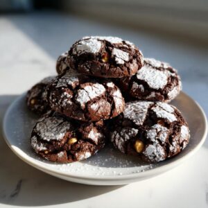 Irresistible Chocolate Crinkle Cookies with Hazelnut Recipe 6 A stack of chocolate crinkle cookies with hazelnut, dusted with powdered sugar.