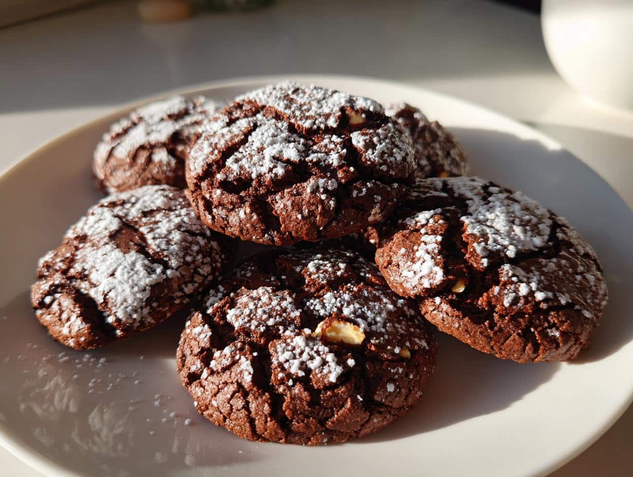 Irresistible Chocolate Crinkle Cookies with Hazelnut Recipe 1 A pile of rich chocolate crinkle cookies with hazelnut, dusted with powdered sugar.