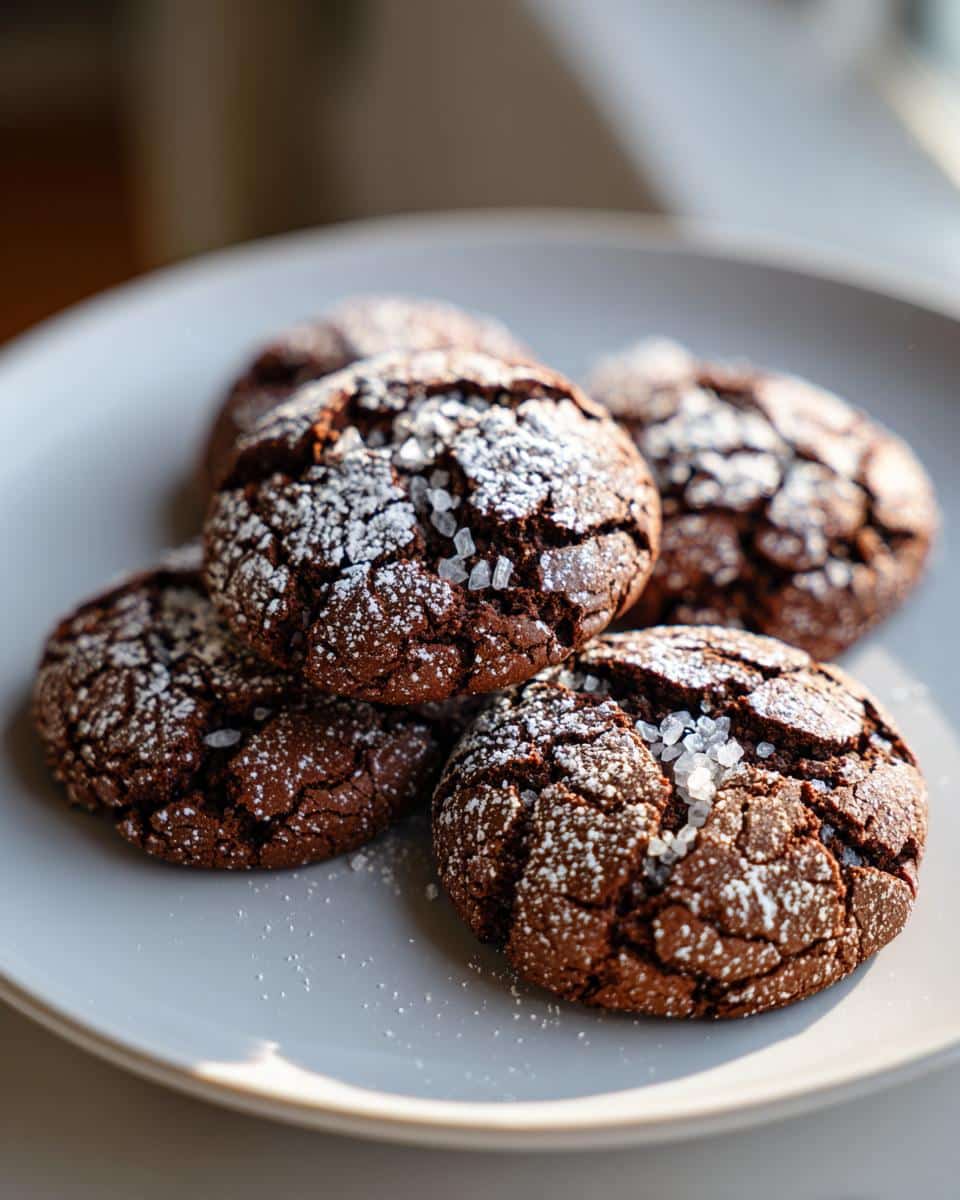 A close-up of Chocolate Crinkle Cookies with Sea Salt, dusted with powdered sugar and topped with flaky sea salt.