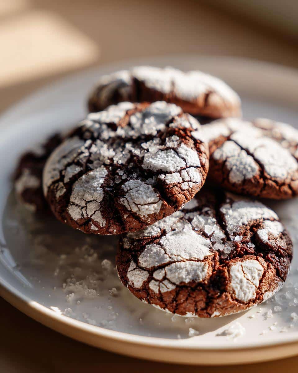 Close-up of Chocolate Crinkle Cookies with Sea Salt dusted with powdered sugar on a white plate.