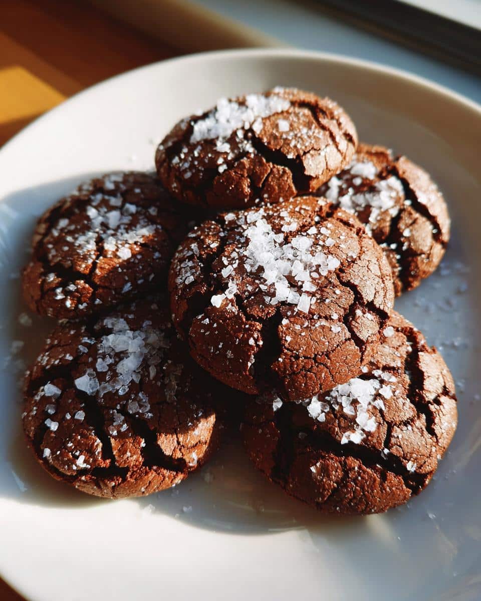 A pile of freshly baked Chocolate Crinkle Cookies with Sea Salt, showing their cracked texture and glistening salt flakes.