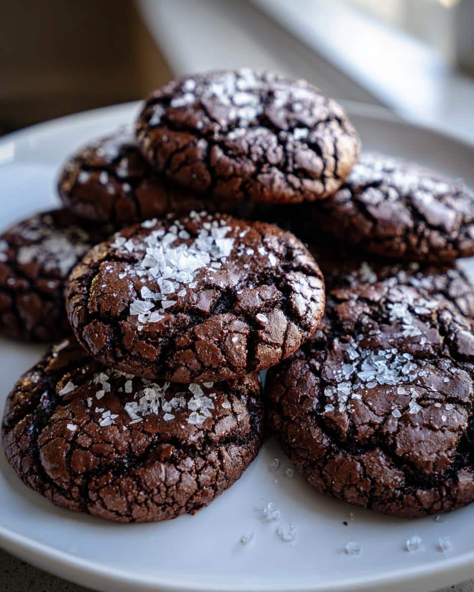 A pile of rich Chocolate Crinkle Cookies with Sea Salt, dusted with powdered sugar and flaky sea salt.
