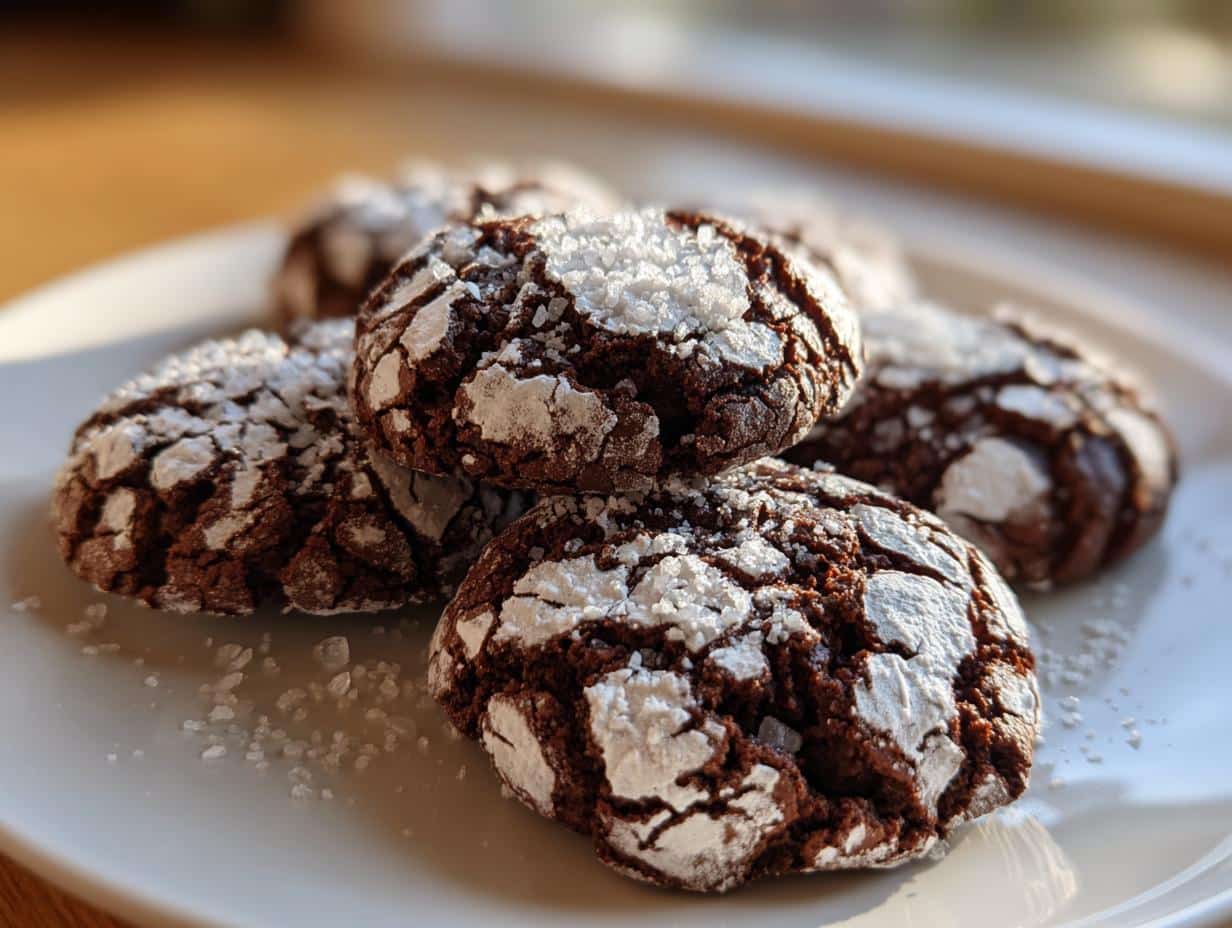 Close-up of Chocolate Crinkle Cookies with Sea Salt dusted with powdered sugar on a white plate.