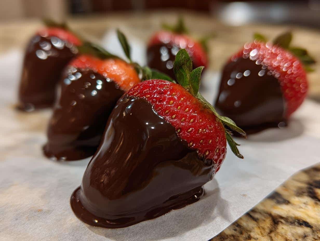 Close-up of fresh, ripe strawberries partially dipped in glossy dark chocolate.