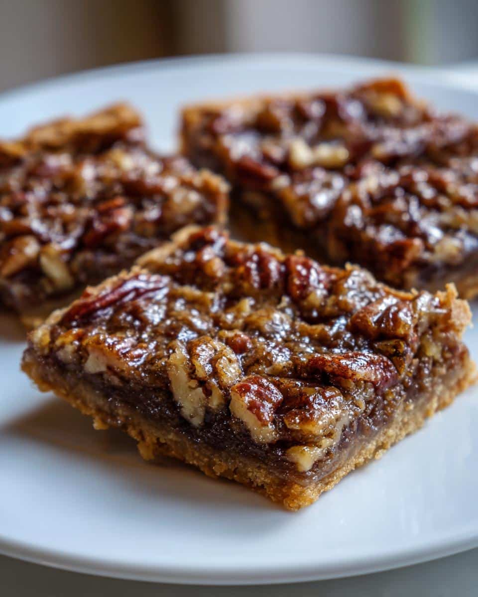 Close-up of three Chocolate Pecan Pie Bars on a white plate, showcasing the gooey filling and crunchy pecans.