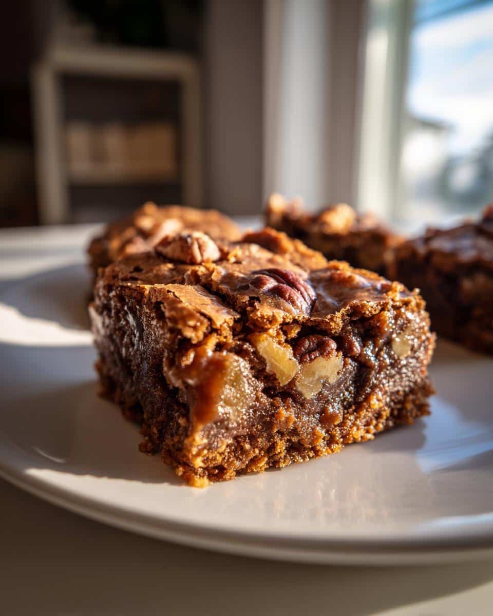 Close-up of a rich Chocolate Pecan Pie Bar topped with whole pecans on a white plate.