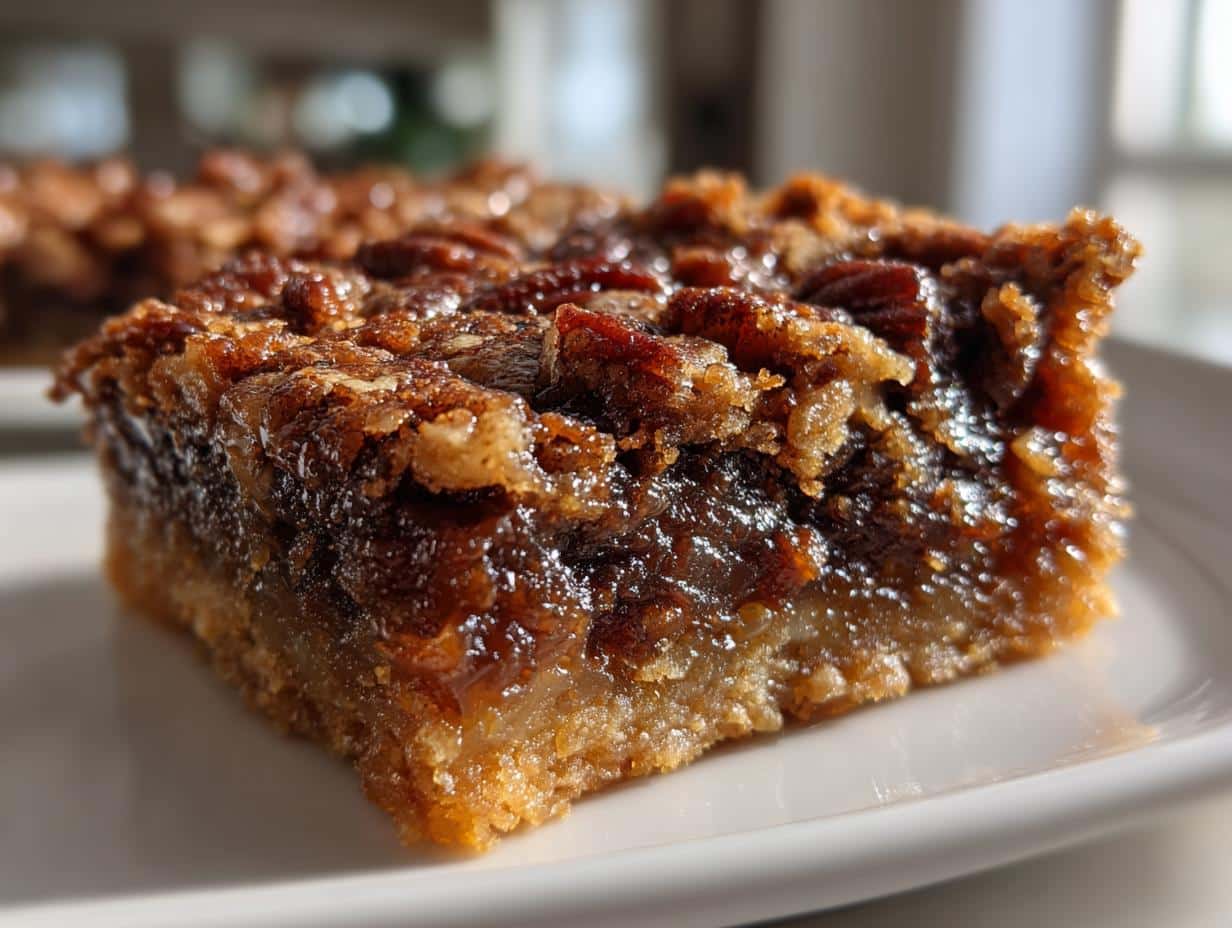 Close-up of a rich Chocolate Pecan Pie Bar on a white plate, showing the gooey filling and pecan topping.