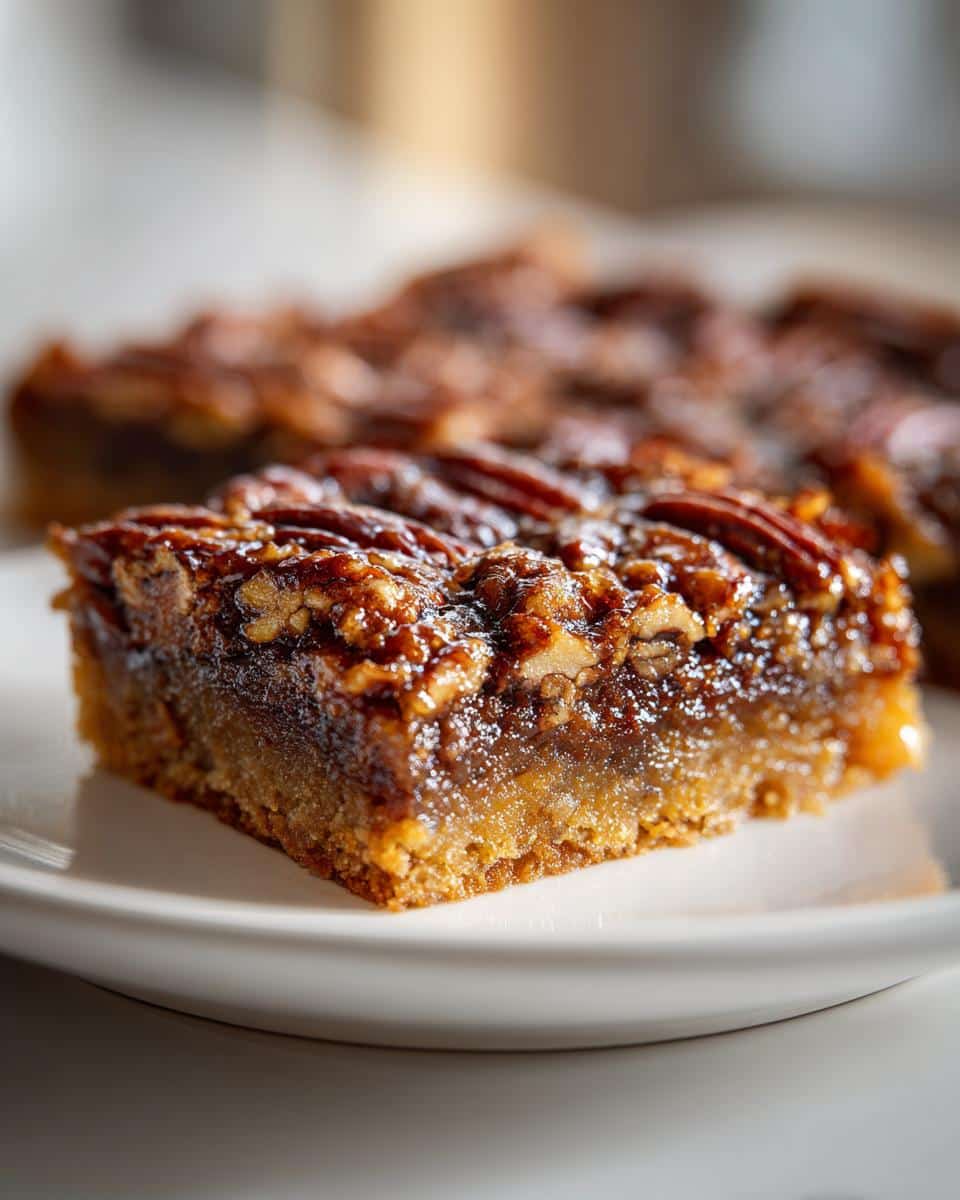 A close-up of a decadent Chocolate Pecan Pie Bar on a white plate, showcasing the gooey filling and pecan topping.