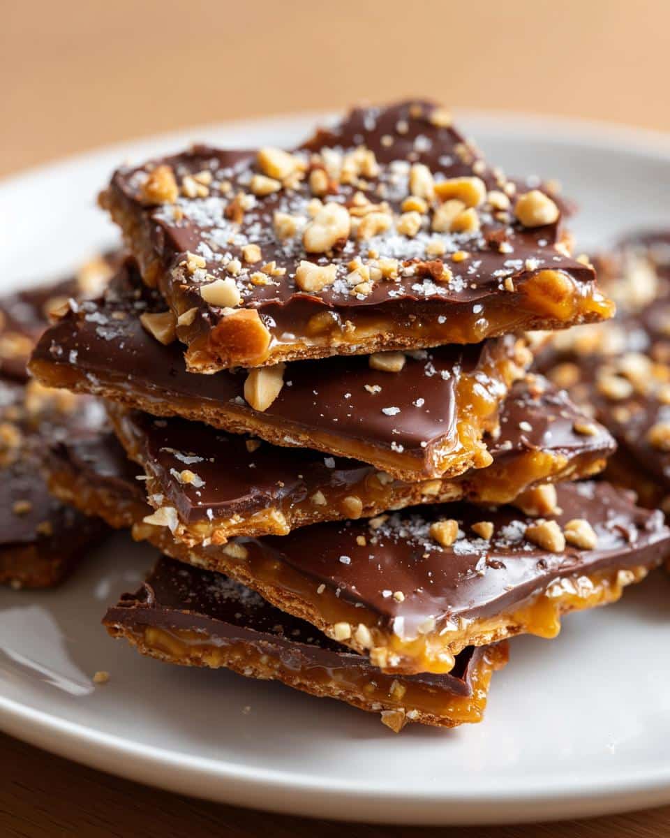 A stack of rich Chocolate Toffee Bark with Saltines, topped with chopped nuts and sea salt.