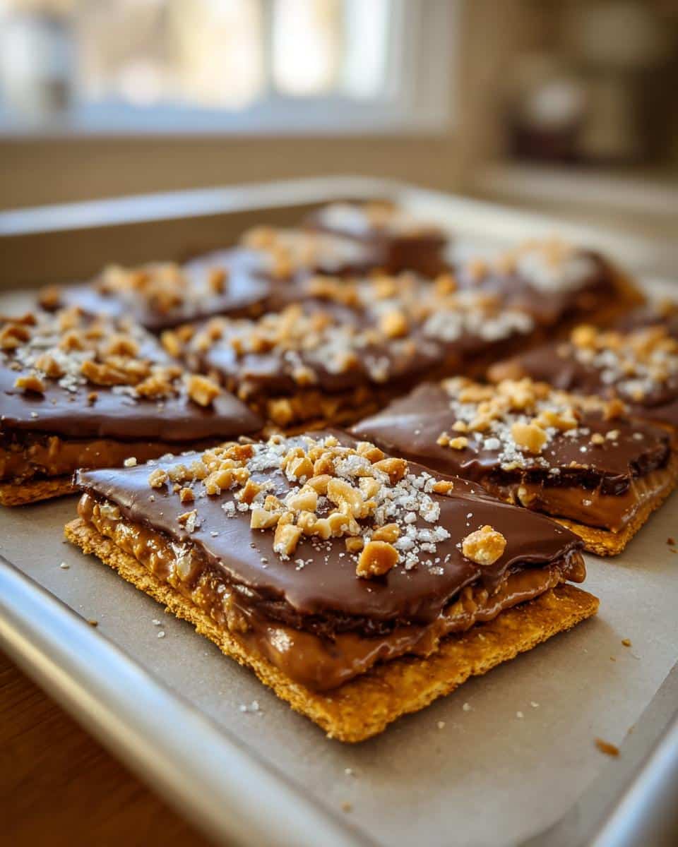 Close-up of several pieces of Christmas Crack (Saltine Bark) on a baking sheet, topped with chocolate and chopped nuts.