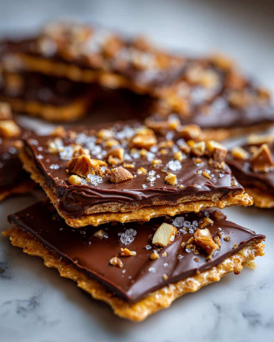 Close-up of Christmas Crack (Saltine Bark) pieces stacked, topped with chocolate, nuts, and sea salt.
