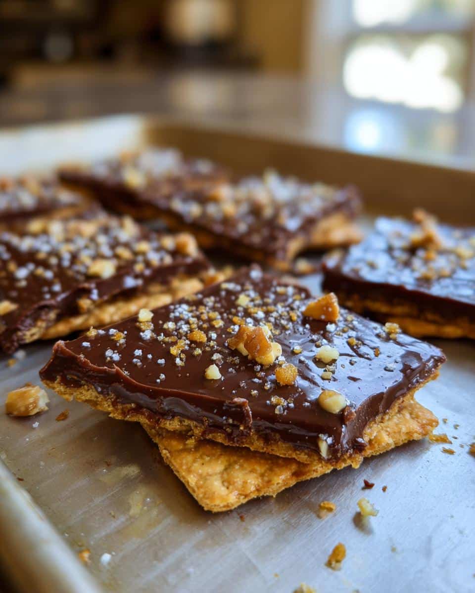 Close-up of several pieces of Christmas Crack (Saltine Bark) topped with chocolate and nuts on a baking sheet.