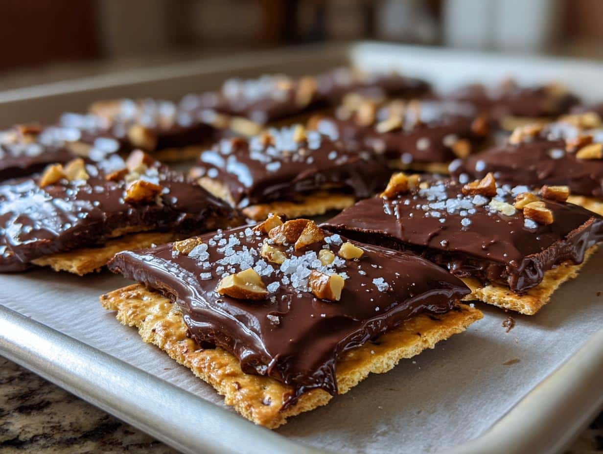 Close-up of delicious Christmas Crack (Saltine Bark) pieces topped with chocolate, nuts, and sea salt on a baking sheet.