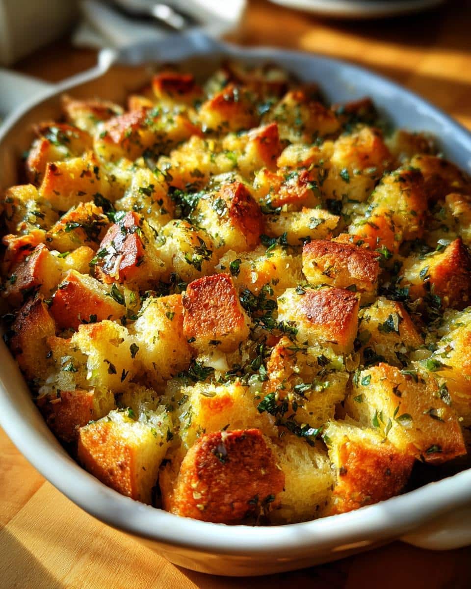 Close-up of a white baking dish filled with golden-brown Classic Bread Stuffing with Herbs.
