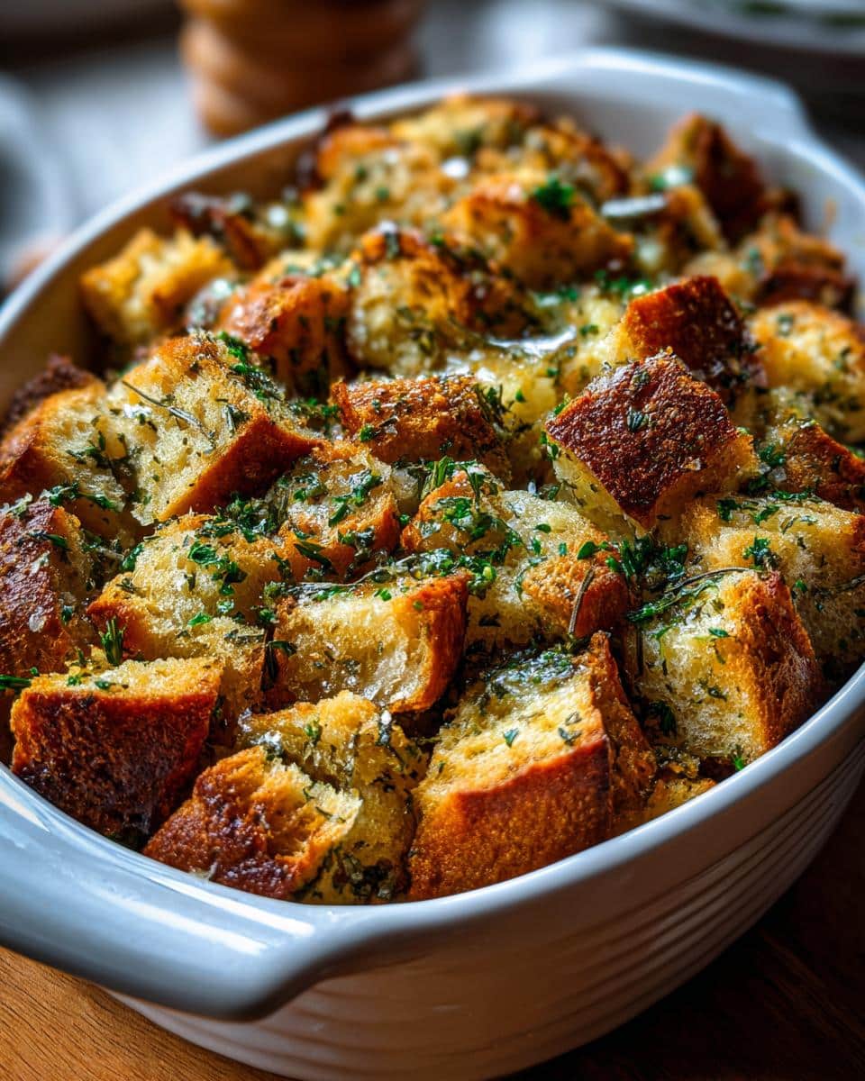 Close-up of a white baking dish filled with golden-brown Classic Bread Stuffing with Herbs.