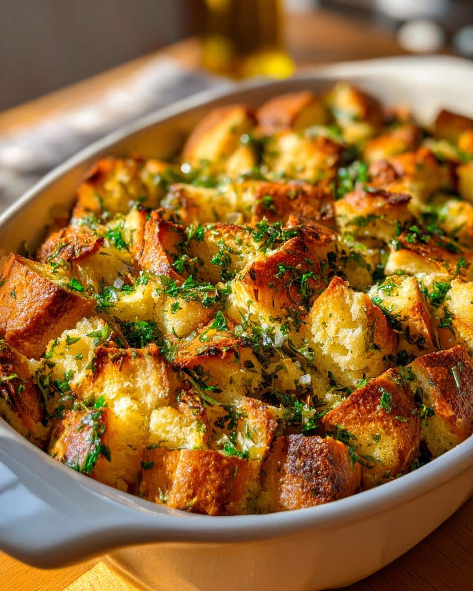 Close-up of a white baking dish filled with golden-brown Classic Bread Stuffing with Herbs, generously sprinkled with fresh parsley.