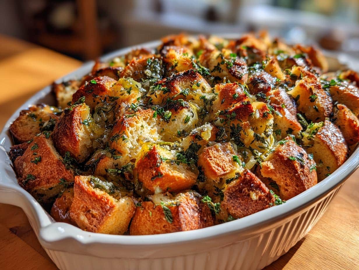 Close-up of a white baking dish filled with golden-brown Classic Bread Stuffing with Herbs, garnished with fresh parsley.