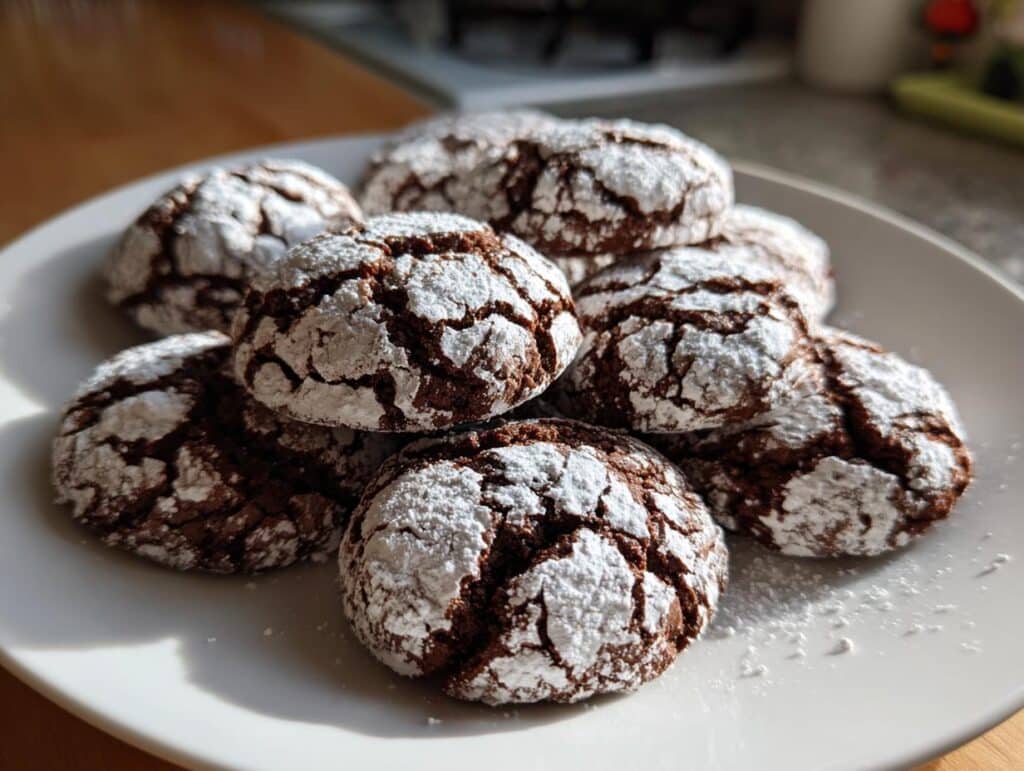 A pile of Classic Chocolate Crinkle Cookies generously dusted with powdered sugar on a white plate.