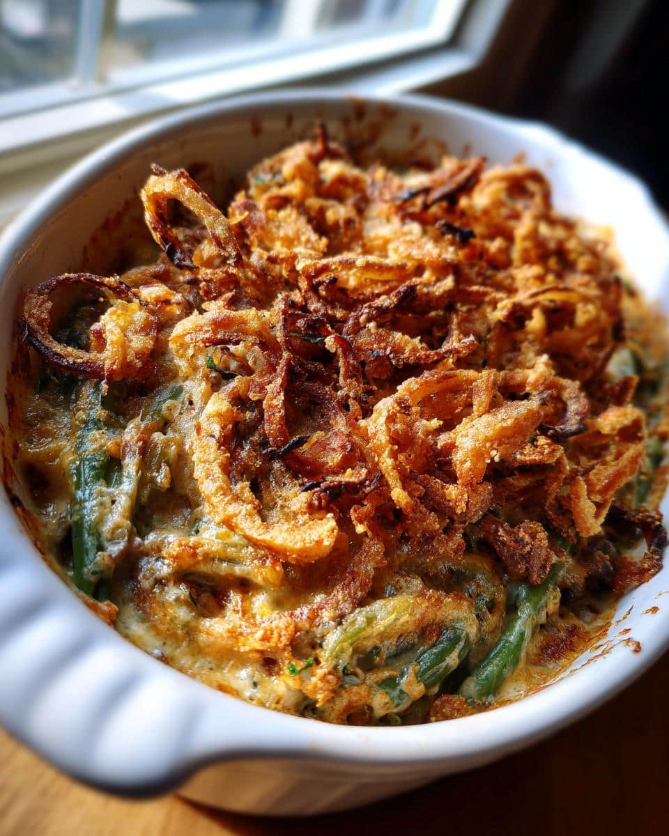 A close-up of a Classic Green Bean Casserole from Scratch in a white dish, topped with crispy fried onions.